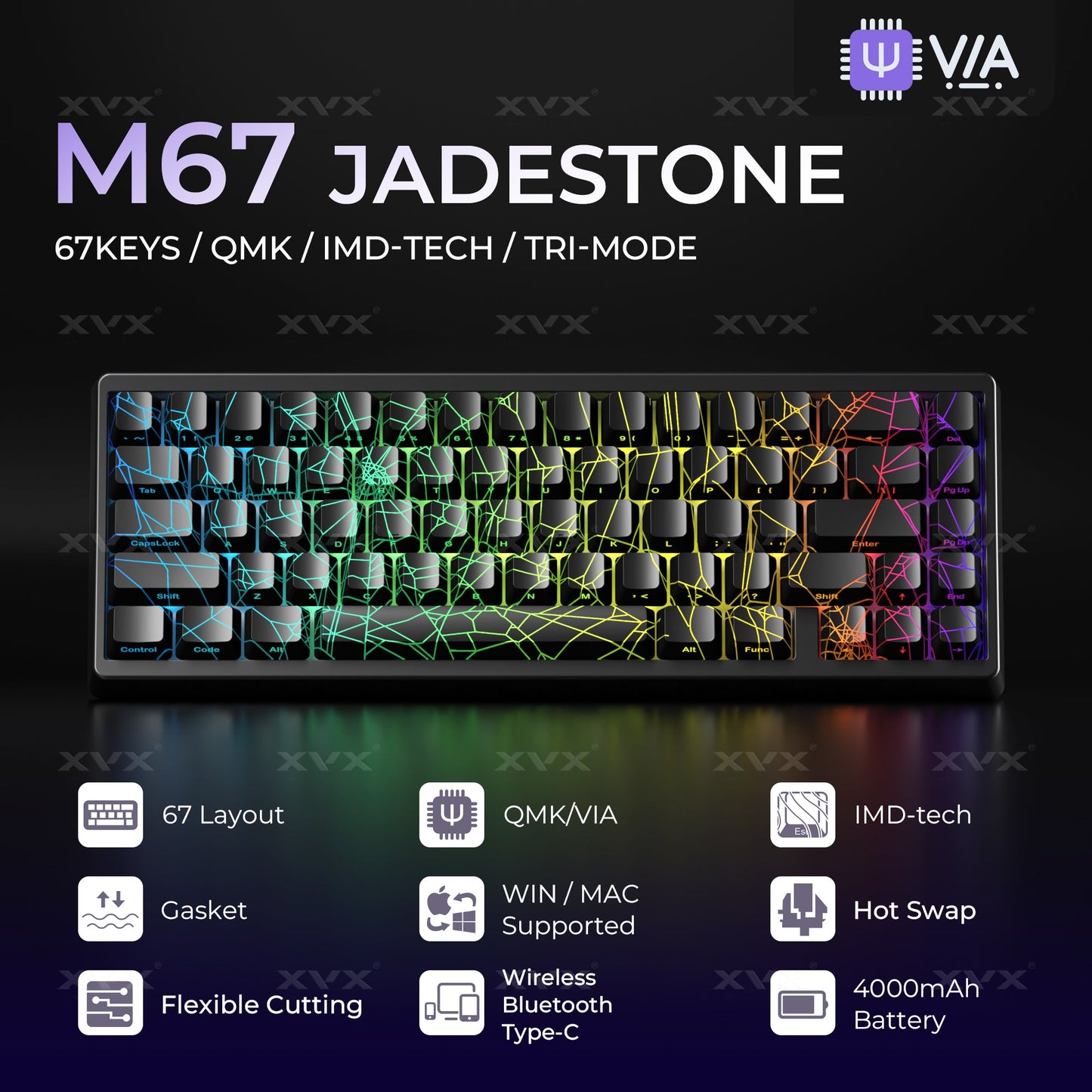 XVX M67 JadeStone Mechanical Keyboard With IMD-Tech Keycaps (SPIDER WEB Version Pattern)（Tri-Mode）