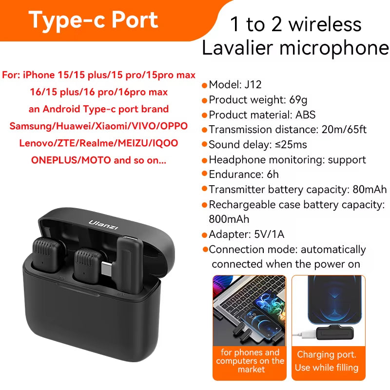 J12 Professional Wireless Lavalier Microphone for Iphone Android PC Live Broadcast Gaming Audio Video Recording Mini Mic