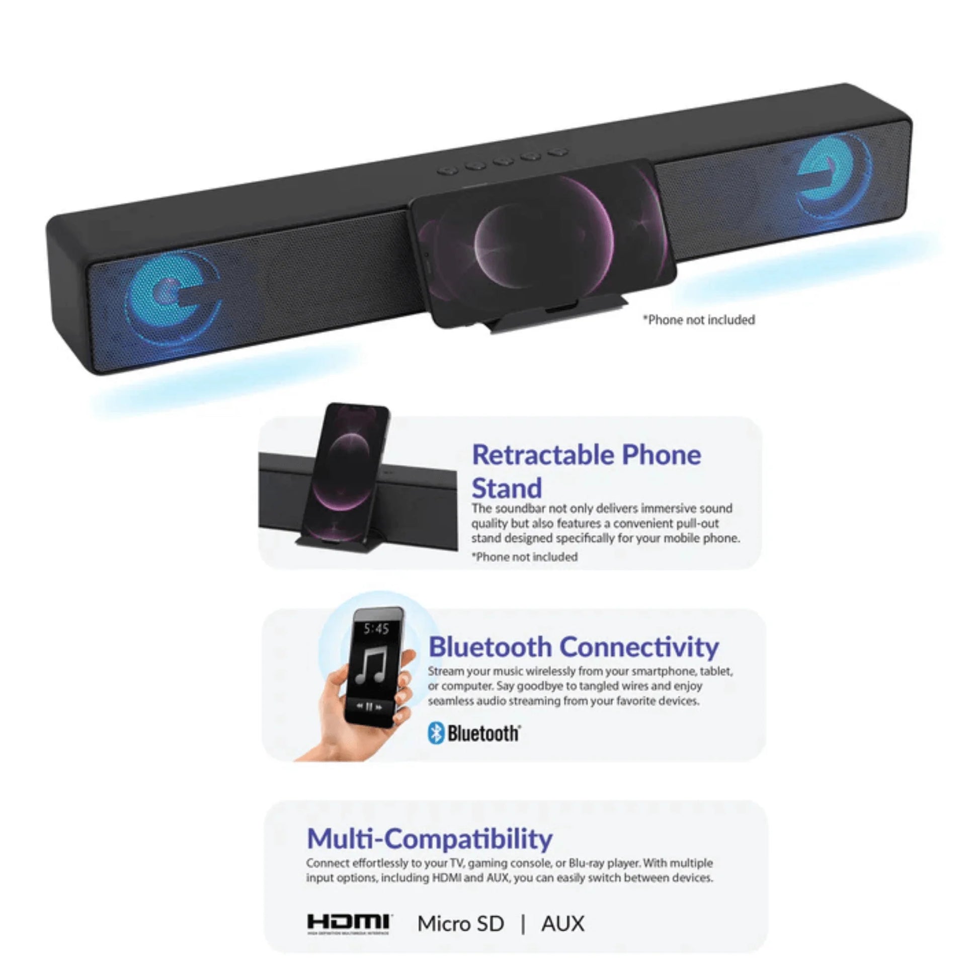 Supersonic 17.6-Inch Portable 10W Bluetooth Soundbar